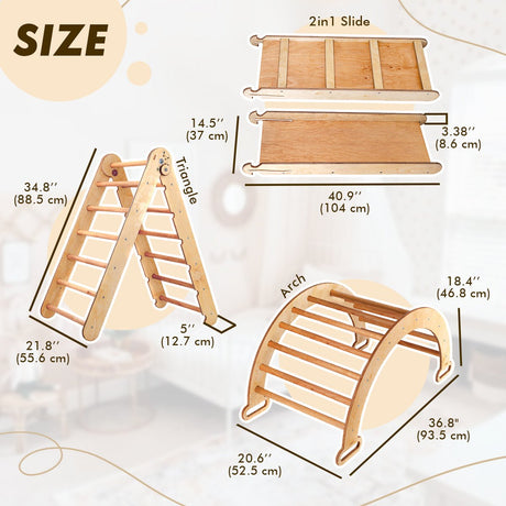 5in1 Montessori Climbing Set: Triangle Ladder, Arch, Slide, Cushion & Art – Beige