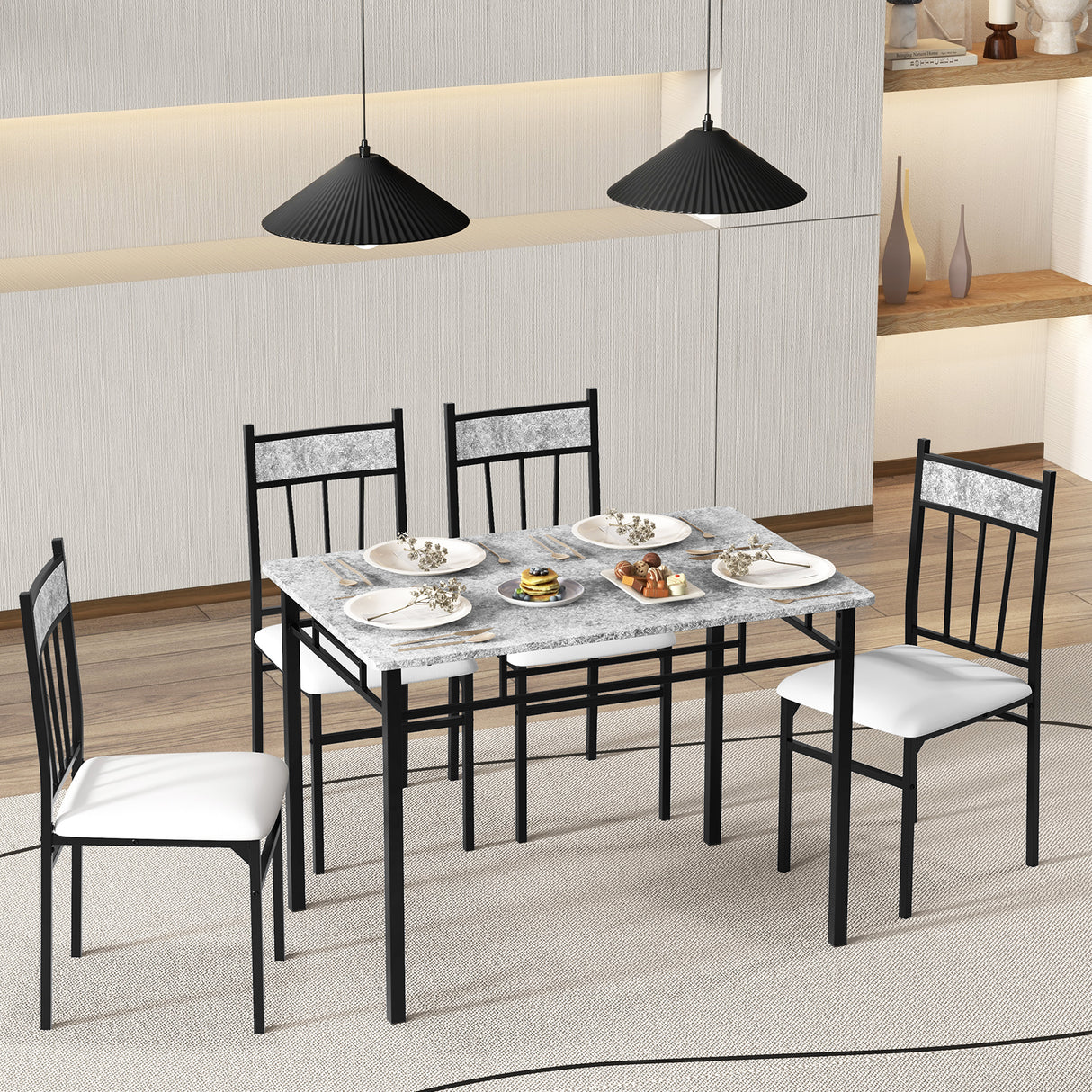 5 Pieces Faux Marble Dining Set Table with Solid Steel Frame