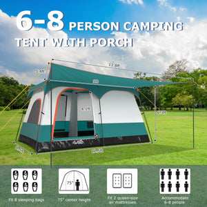 6-8 Person Camping Tent with Double Rooms and 2 Doors-Green