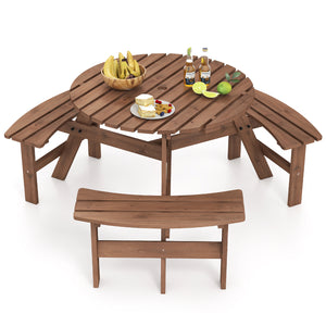6-Person Round Picnic Table Set with 3 Built-in Benches and Umbrella Hole-Brown