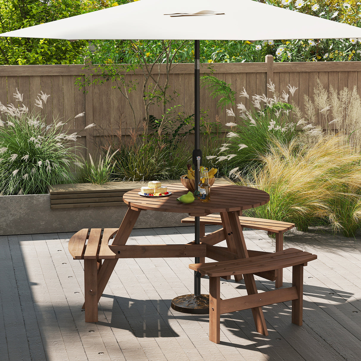 6-Person Round Picnic Table Set with 3 Built-in Benches and Umbrella Hole-Brown