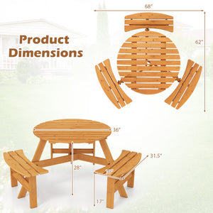 6-Person Round Picnic Table Set with 3 Built-in Benches and Umbrella Hole-Yellow
