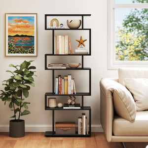 6-Tier Geometric Bookshelf with 2 Anti-Tipping Kits for Home Office-Black