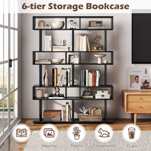 6-Tier Geometric Bookshelf with 2 Anti-Tipping Kits for Home Office-Black