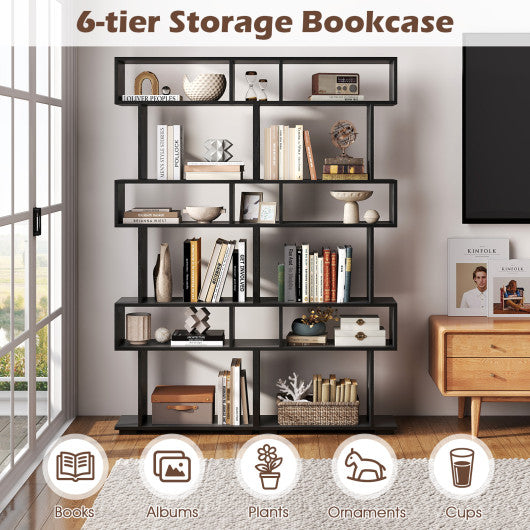 6-Tier Geometric Bookshelf with 2 Anti-Tipping Kits for Home Office-Brown