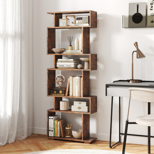 6-Tier Geometric Bookshelf with 2 Anti-Tipping Kits for Home Office-Brown