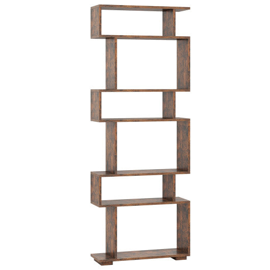6-Tier Geometric Bookshelf with 2 Anti-Tipping Kits for Home Office-Brown