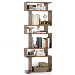 6-Tier Geometric Bookshelf with 2 Anti-Tipping Kits for Home Office-Brown