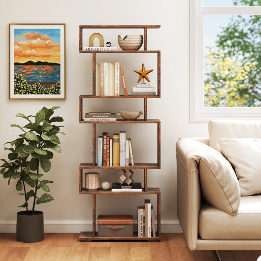 6-Tier Geometric Bookshelf with 2 Anti-Tipping Kits for Home Office-Brown