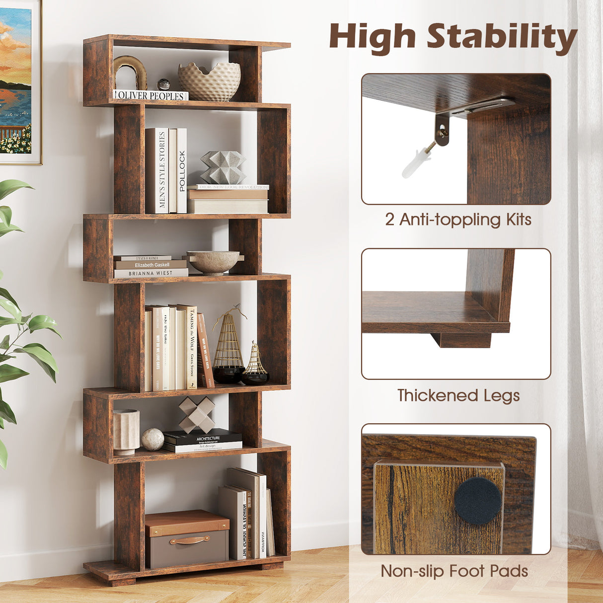 6-Tier Geometric Bookshelf with 2 Anti-Tipping Kits for Home Office-Brown