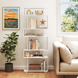6-Tier Geometric Bookshelf with 2 Anti-Tipping Kits for Home Office-White