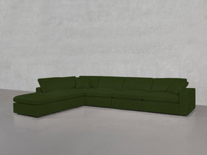 A modern 6-Seat Modular Corner Lounger Sectional in dark green with clean lines sits against a light gray textured wall on a smooth, light-colored floor.