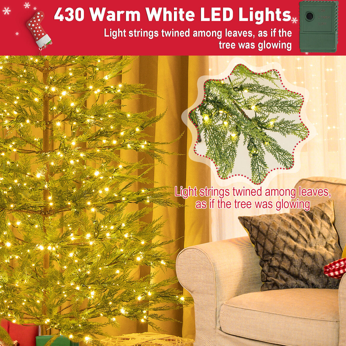 6.5/7.5 Feet Artificial Cypress Christmas Tree Pre-lit Hinged-6.5 ft