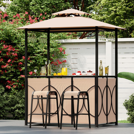 6.5 x 4 x 8 FT Grill Gazebo Set with 2 Bar Stools and Bar Table-Brown
