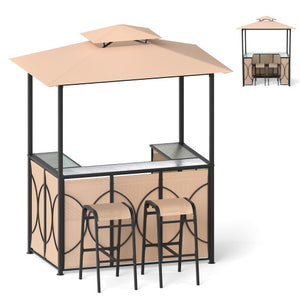 6.5 x 4 x 8 FT Grill Gazebo Set with 2 Bar Stools and Bar Table-Brown