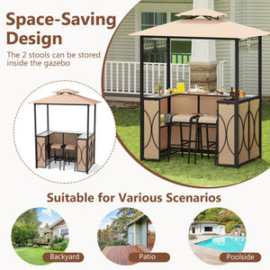 6.5 x 4 x 8 FT Grill Gazebo Set with 2 Bar Stools and Bar Table-Brown