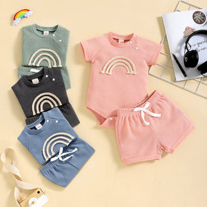 Rainbow Waffle Four-color Side Button Short Sleeve Baby Bodysuit Shorts Suit