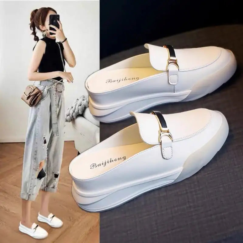 Women's Leather White Platform Sandals - Baotou Style