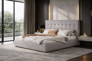 Gray Tufted Linen Blend Upholstered King Bed Frame