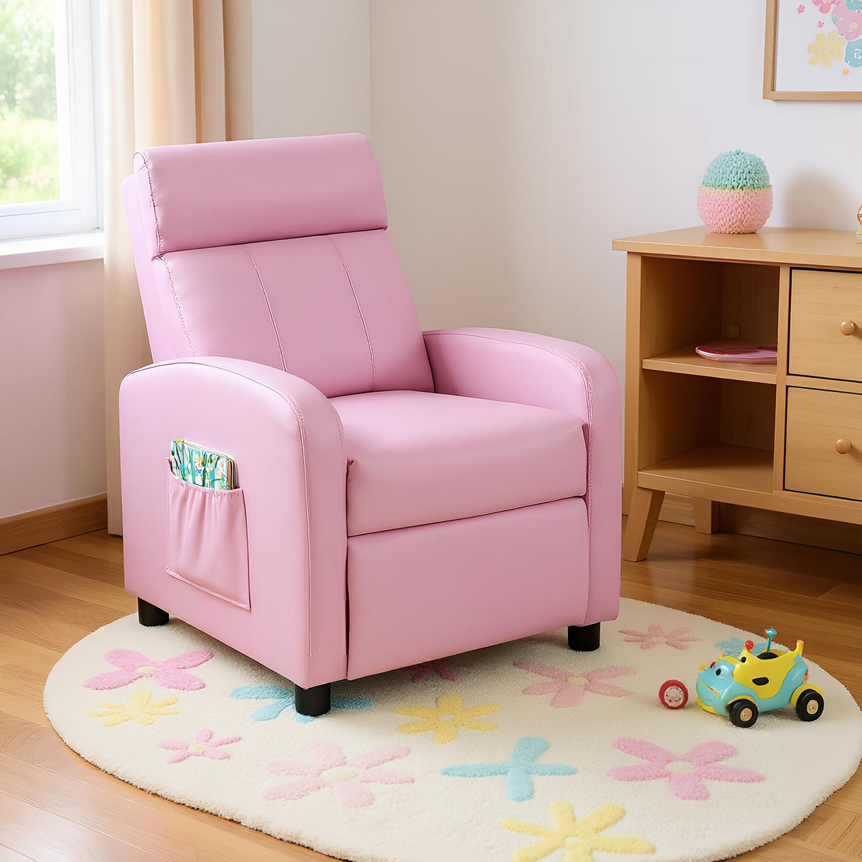 Ergonomic PU Leather Kids Recliner Lounge Sofa for 3-12 Age Group-Pink