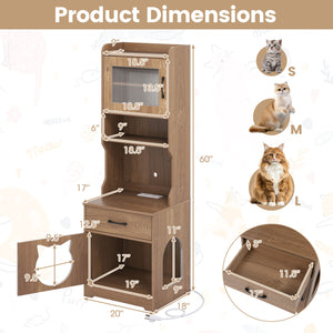 60" Cat Litter Box Enclosure with Adjustable LED Light & Storage Shelves and Charging Station-Natural