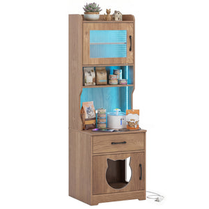 60" Cat Litter Box Enclosure with Adjustable LED Light & Storage Shelves and Charging Station-Natural