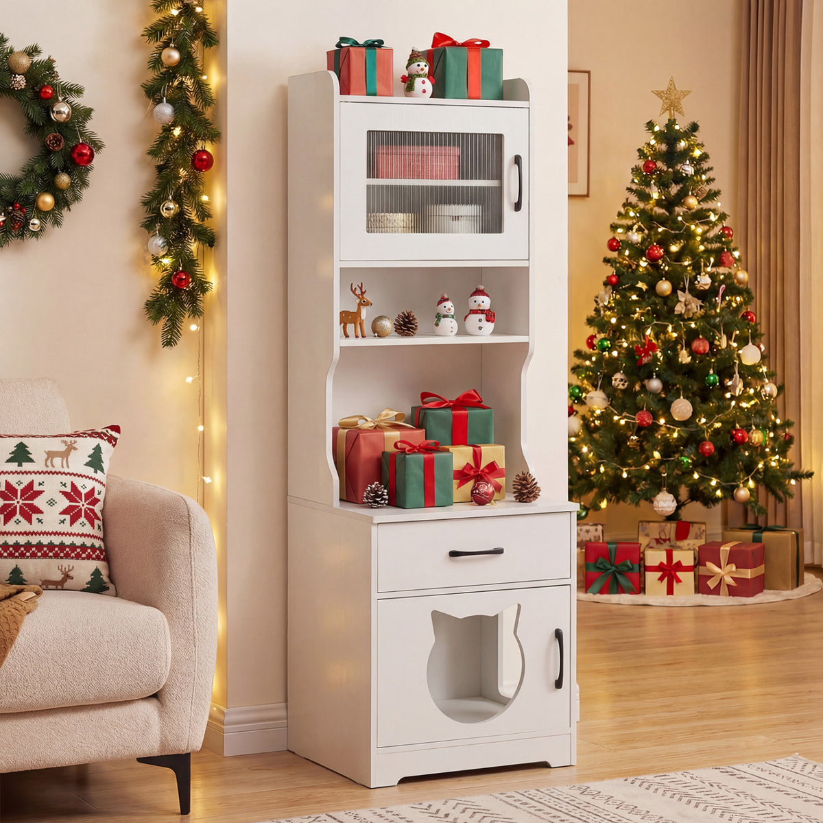 60" Cat Litter Box Enclosure with Adjustable LED Light & Storage Shelves and Charging Station-White