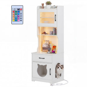 60" Cat Litter Box Enclosure with Adjustable LED Light & Storage Shelves and Charging Station-White