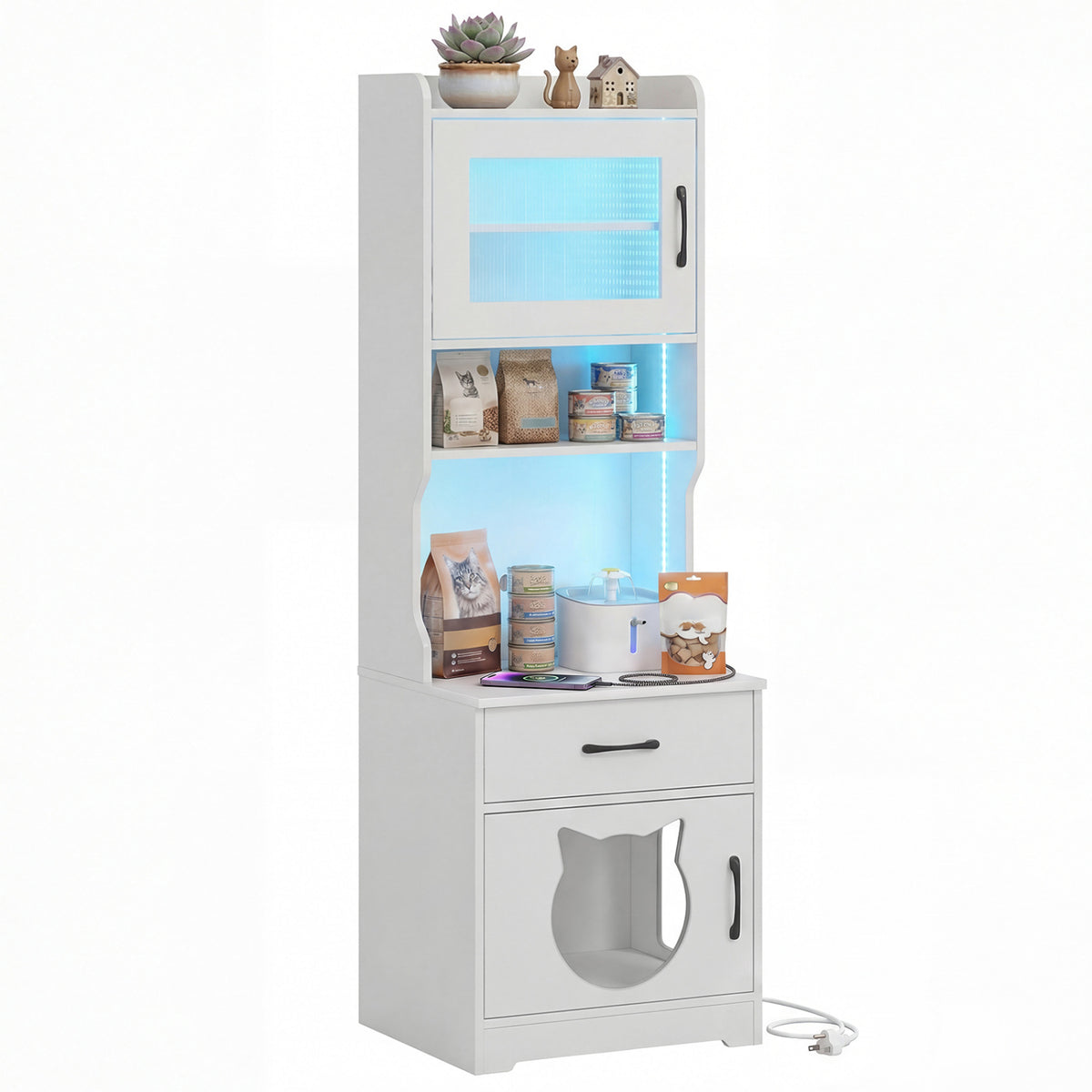 60" Cat Litter Box Enclosure with Adjustable LED Light & Storage Shelves and Charging Station-White