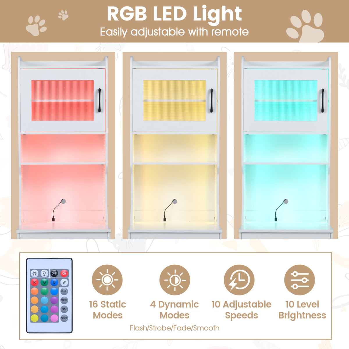 60" Cat Litter Box Enclosure with Adjustable LED Light & Storage Shelves and Charging Station-White