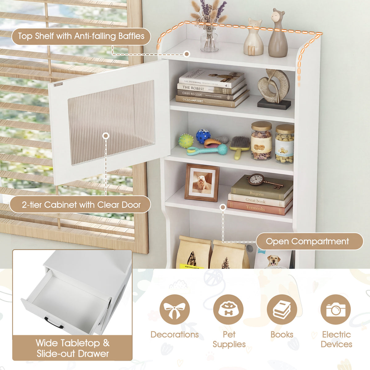 60" Cat Litter Box Enclosure with Adjustable LED Light & Storage Shelves and Charging Station-White