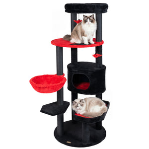 60" Gothic Cat Tower with Plush Perch and Spider Hanging Toys for Black Halloween-Red