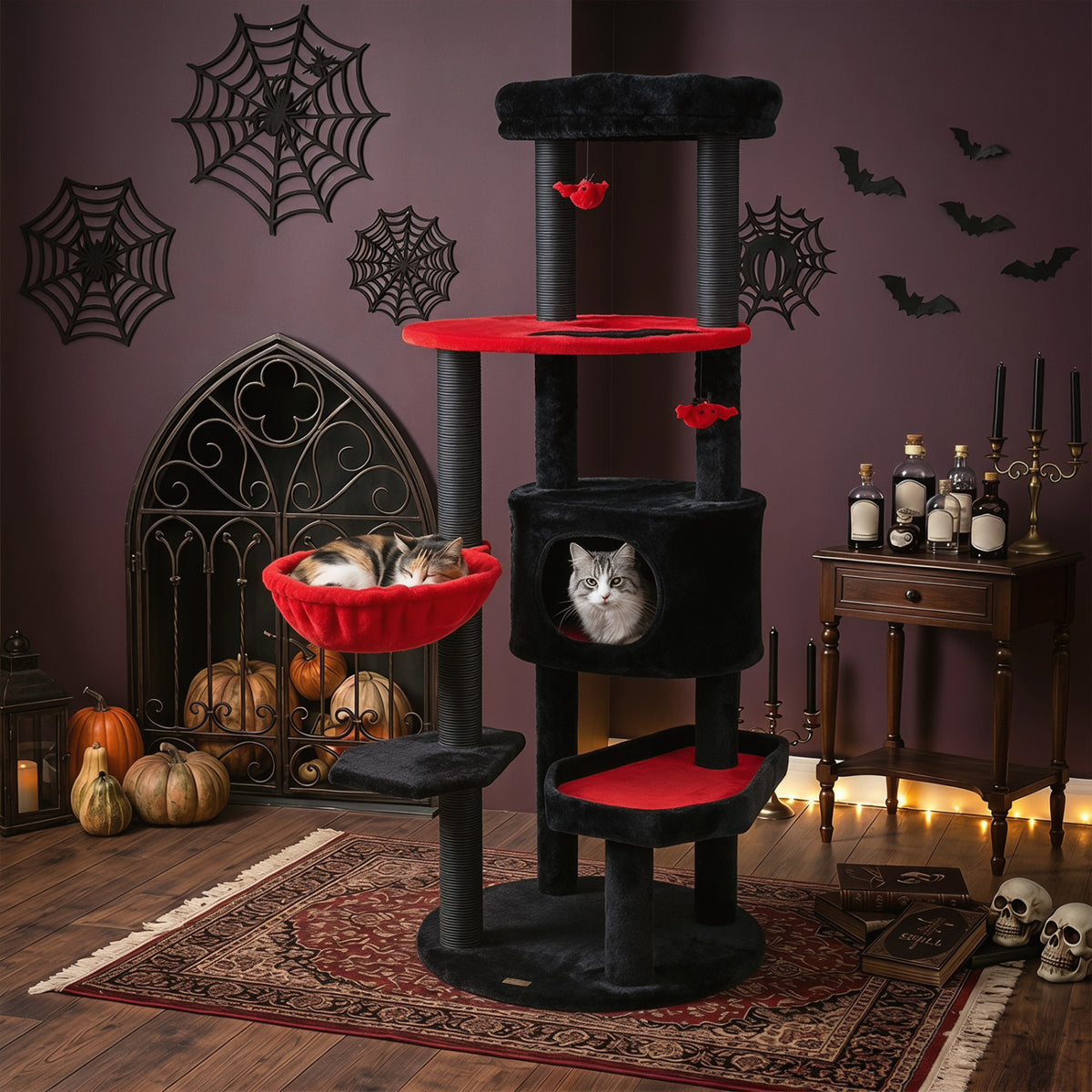 60" Gothic Cat Tower with Plush Perch and Spider Hanging Toys for Black Halloween-Red