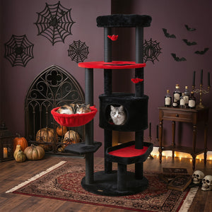 60" Gothic Cat Tower with Plush Perch and Spider Hanging Toys for Black Halloween-Red