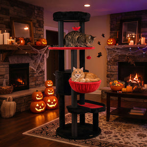 60" Gothic Cat Tower with Plush Perch and Spider Hanging Toys for Black Halloween-Red