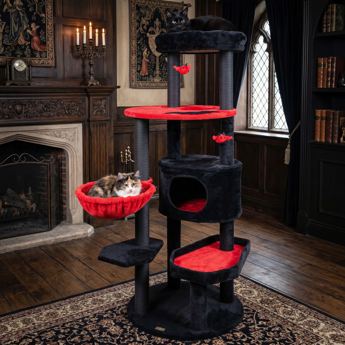 60" Gothic Cat Tower with Plush Perch and Spider Hanging Toys for Black Halloween-Red