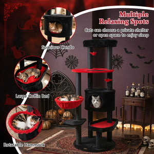 60" Gothic Cat Tower with Plush Perch and Spider Hanging Toys for Black Halloween-Red