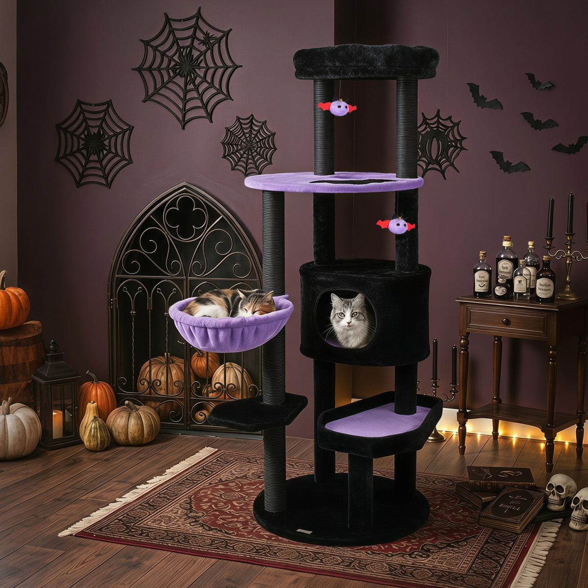 60" Gothic Cat Tower with Plush Perch and Spider Hanging Toys for Black Halloween-Purple