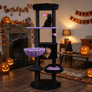60" Gothic Cat Tower with Plush Perch and Spider Hanging Toys for Black Halloween-Purple