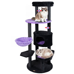 60" Gothic Cat Tower with Plush Perch and Spider Hanging Toys for Black Halloween-Purple