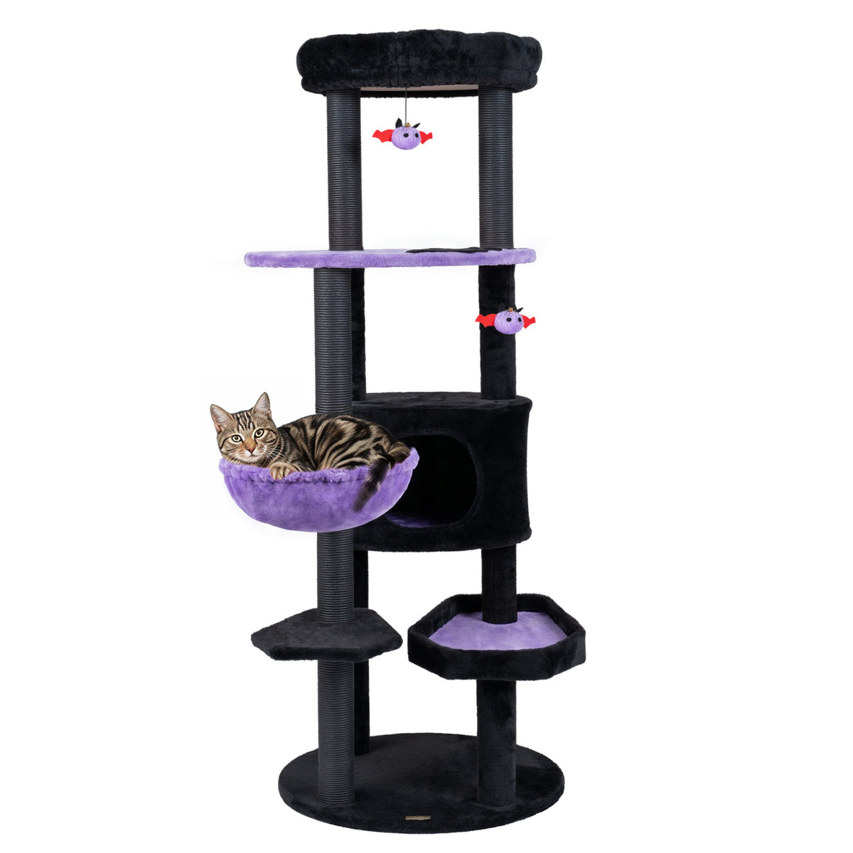 60" Gothic Cat Tower with Plush Perch and Spider Hanging Toys for Black Halloween-Purple