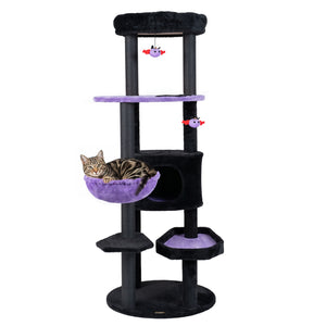 60" Gothic Cat Tower with Plush Perch and Spider Hanging Toys for Black Halloween-Purple