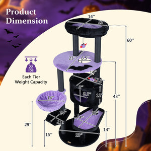 60" Gothic Cat Tower with Plush Perch and Spider Hanging Toys for Black Halloween-Purple