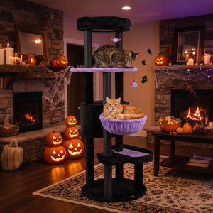 60" Gothic Cat Tower with Plush Perch and Spider Hanging Toys for Black Halloween-Purple