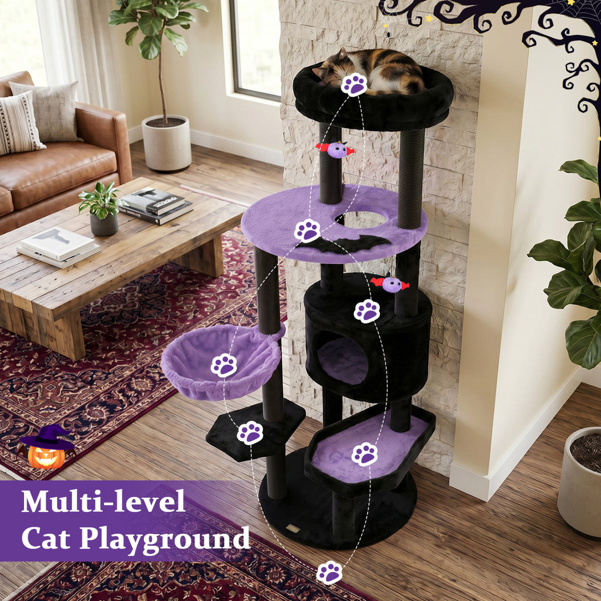 60" Gothic Cat Tower with Plush Perch and Spider Hanging Toys for Black Halloween-Purple