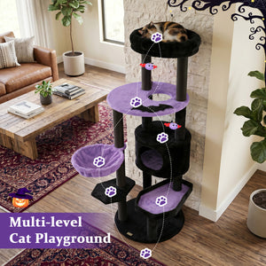 60" Gothic Cat Tower with Plush Perch and Spider Hanging Toys for Black Halloween-Purple