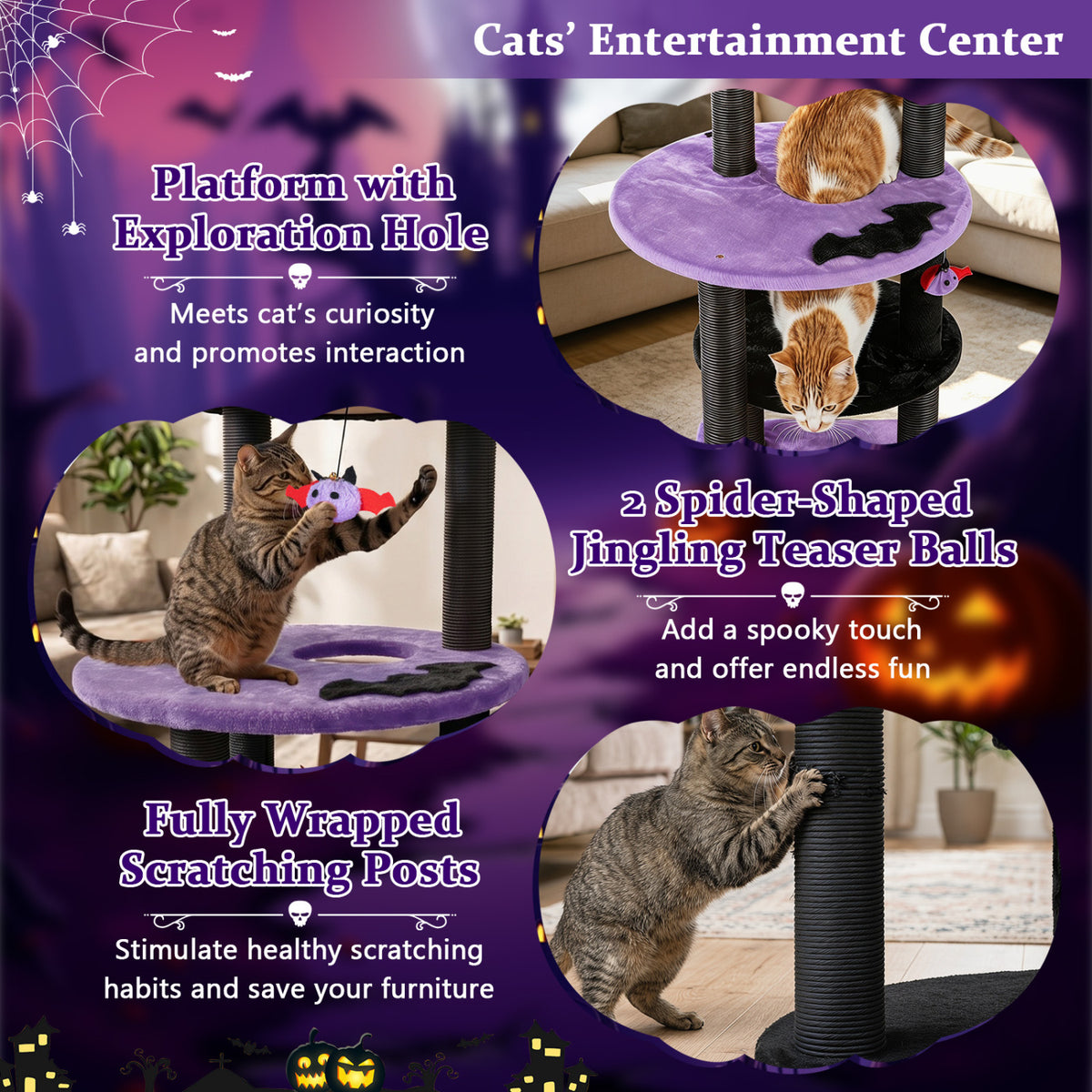 60" Gothic Cat Tower with Plush Perch and Spider Hanging Toys for Black Halloween-Purple