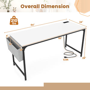 60 Inch Computer Desk with Charging Station Storage Bag-White