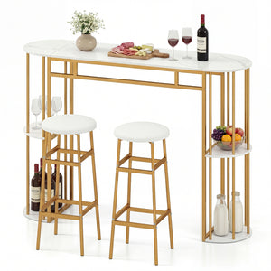 60 Inch Dining Table and 2 Upholstered Barstools with Faux Marble Tabletop-White