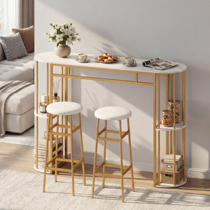 60 Inch Dining Table and 2 Upholstered Barstools with Faux Marble Tabletop-White